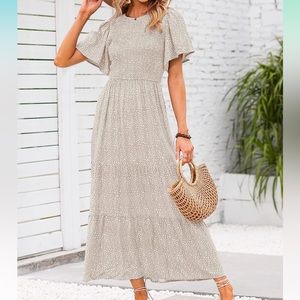 Flutter sleeve crew neck smocked high waist float maxi dress